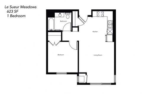 Floor plan for 1 bed, 1 bath, 623 sqft